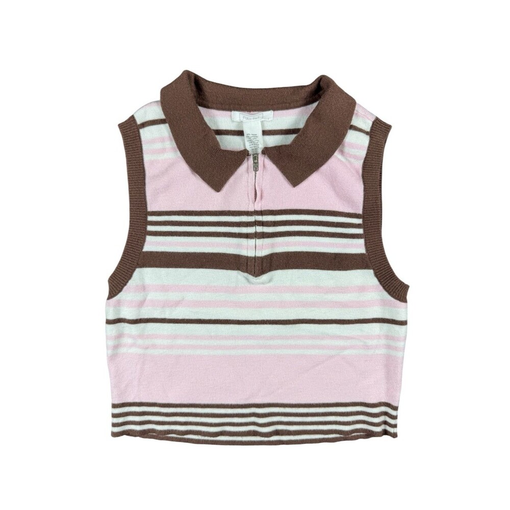 Full Tilt Y2K Striped Sweater Cropped Top Pink Brown Zip Collar Sleeveless Large